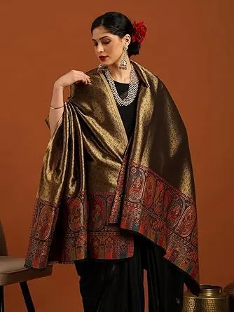 Women’s Black Zari Shimmer Acrylic Shawl with Ethnic Floral Motifs