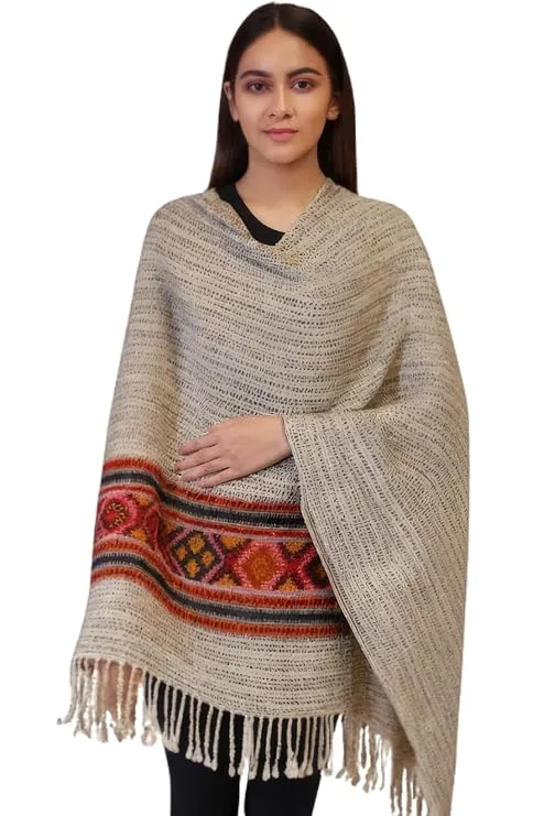 Women’s Kullu Pashmina Wool Shawl with Traditional Tribal Border