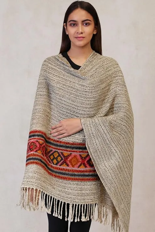 Women’s Kullu Pashmina Wool Shawl with Traditional Tribal Border