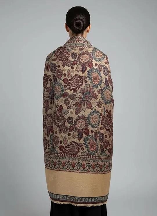 Women’s Semi Pashmina Multicolour Floral Beige Winter Shawl
