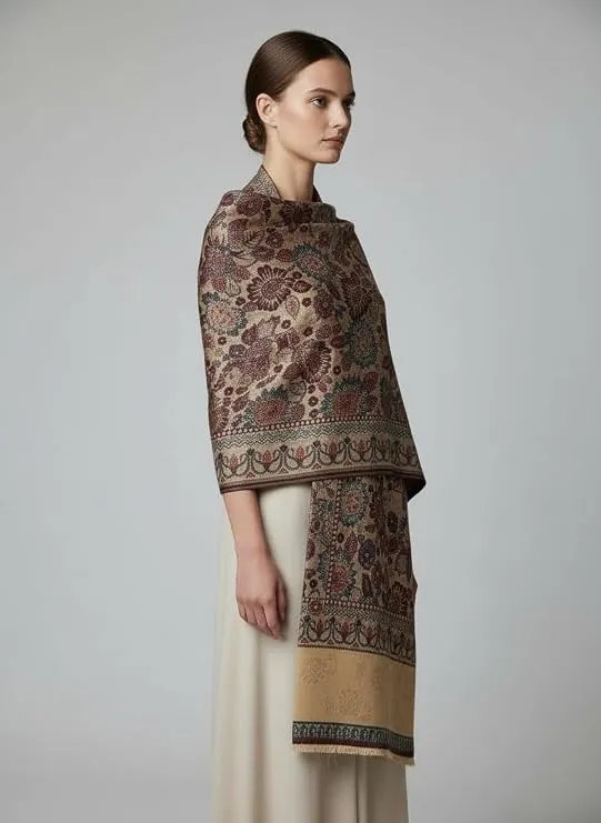 Women’s Semi Pashmina Multicolour Floral Beige Winter Shawl