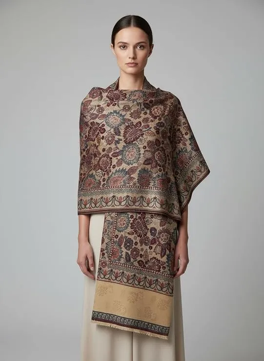 Women’s Semi Pashmina Multicolour Floral Beige Winter Shawl