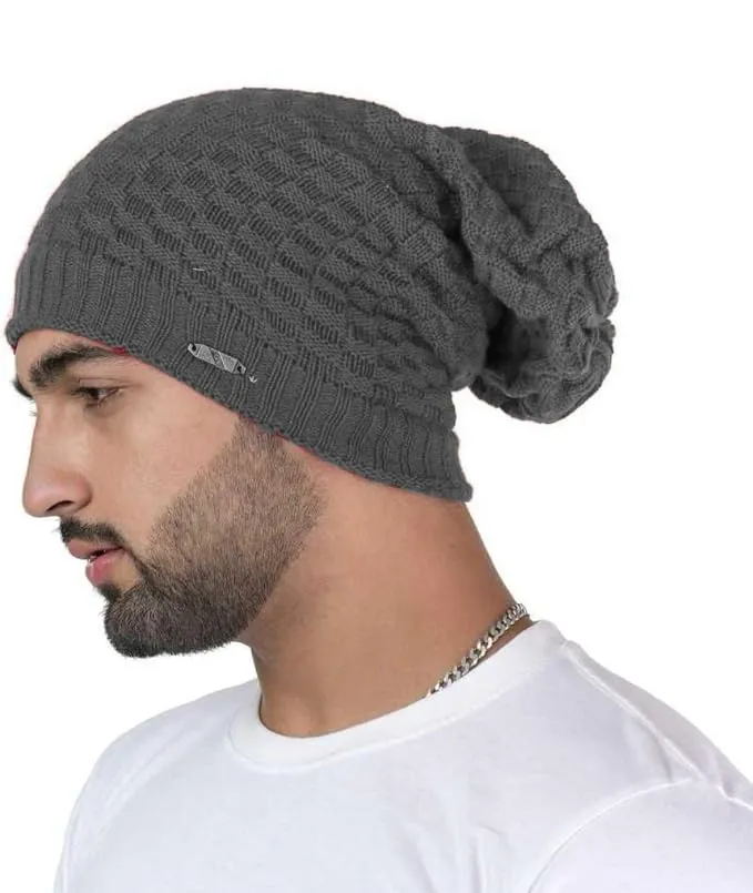 Men’s Wool Blend Knitted Slouchy Beanie Cap with Faux Fur Lining