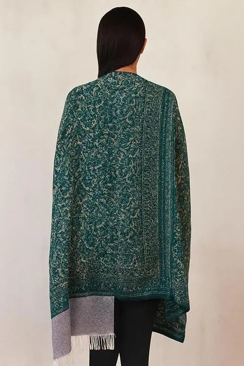 Women’s Green Viscose Wool-Feel Embroidered Shawl with Tassel Work