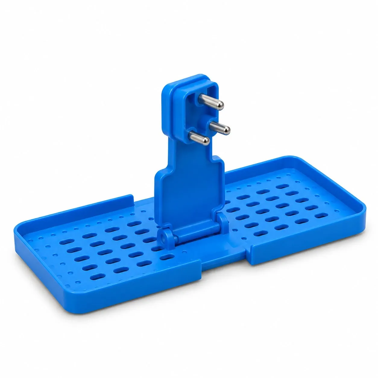 Keep your mobile phone organised near your charging point with this foldable mobile charging holder. The plastic tray features a centred three-pin upright, a folding hinge, perforated openings and raised edges. Use the holder to rest your phone while char