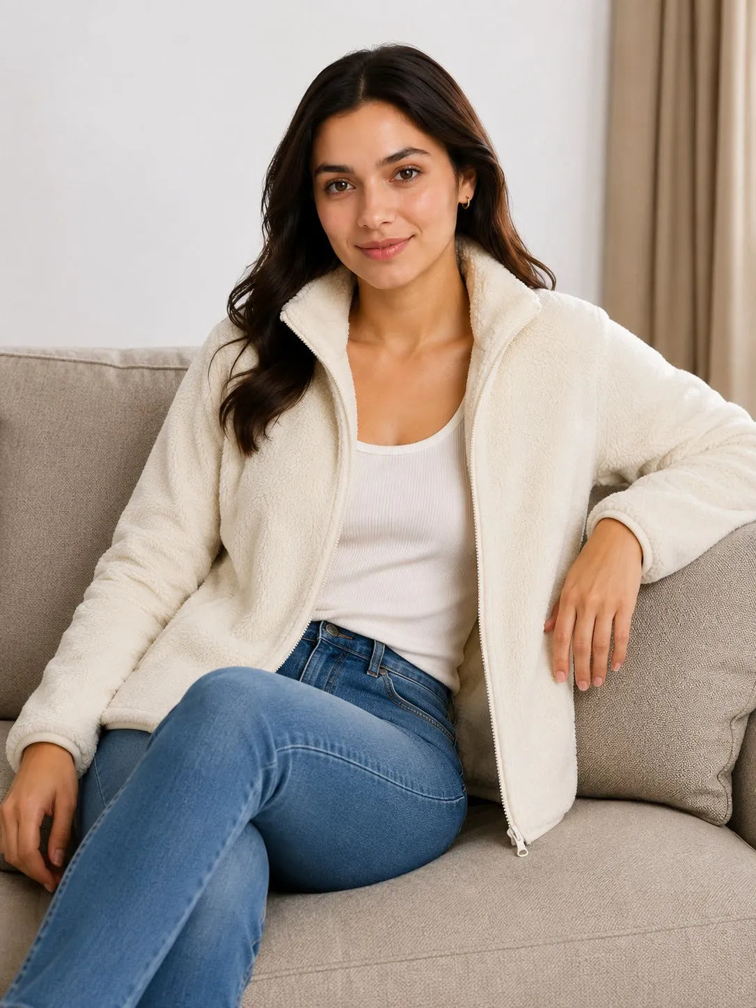 Women’s Cream Fur Fleece Jacket – High Neck Full Zip Warm Winter Wear
