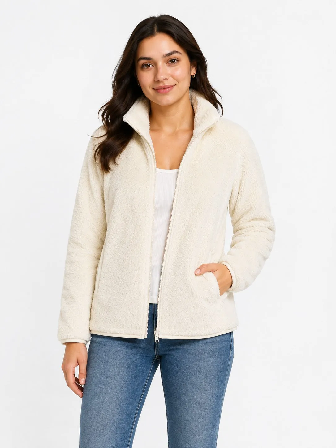 Women’s Cream Fur Fleece Jacket – High Neck Full Zip Warm Winter Wear