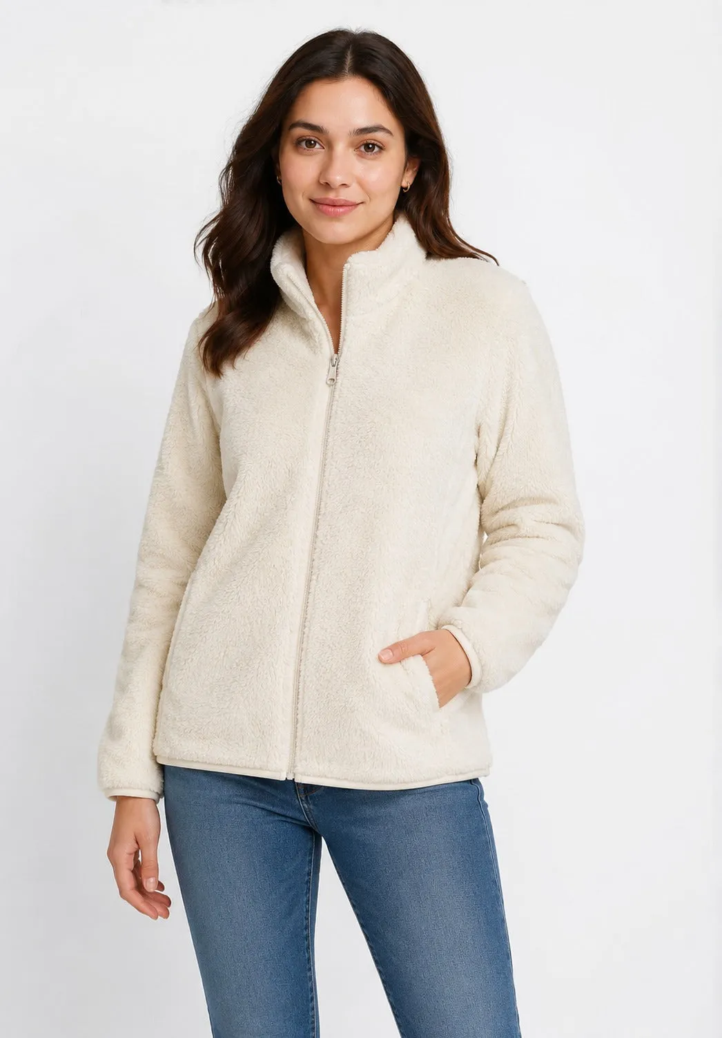 Women’s Cream Fur Fleece Jacket – High Neck Full Zip Warm Winter Wear