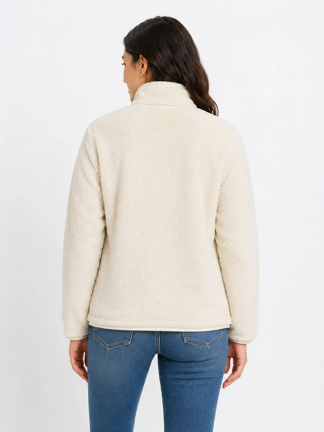 Women’s Cream Fur Fleece Jacket – High Neck Full Zip Warm Winter Wear
