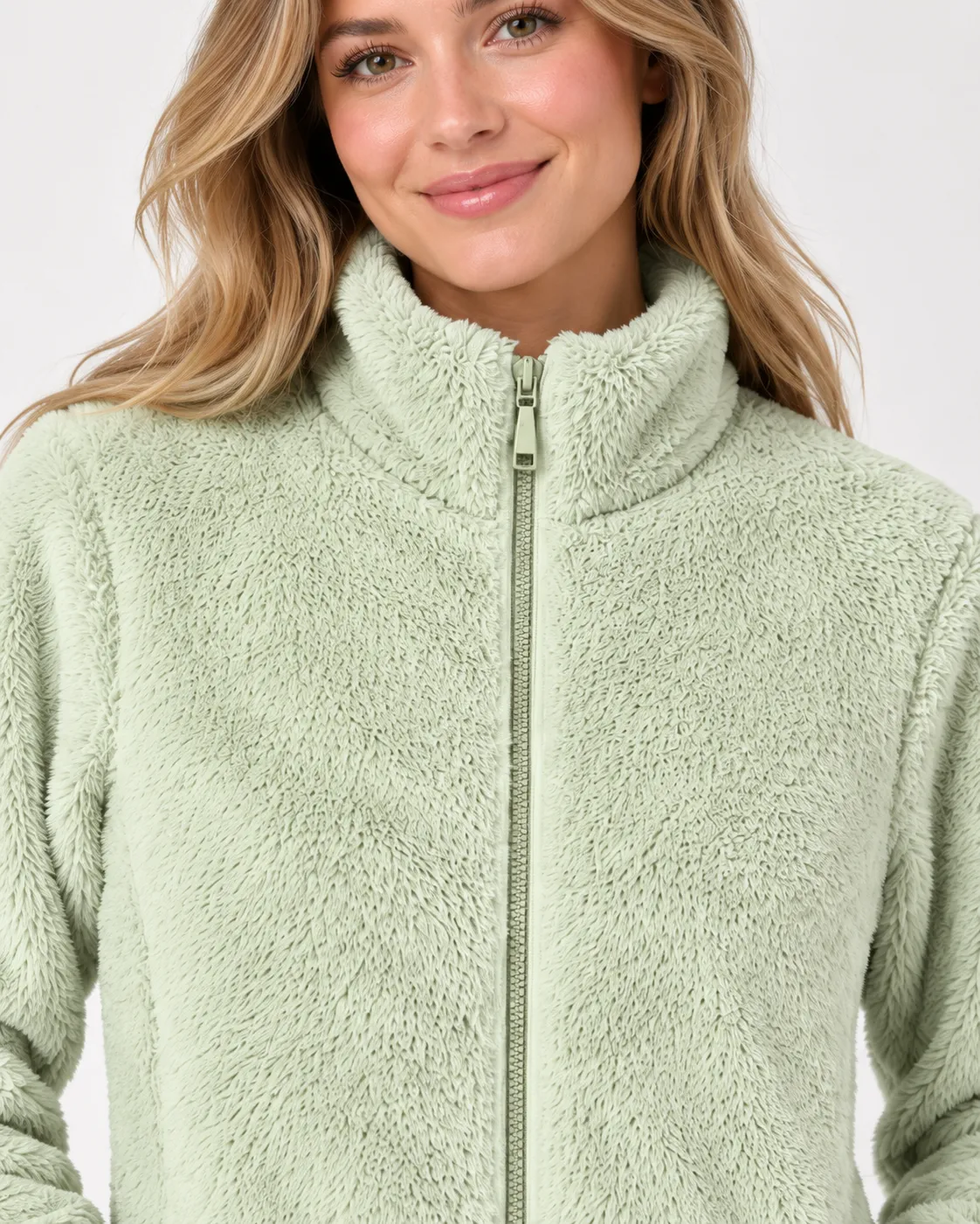 Women’s Green Fur Fleece Jacket – Regular Fit High Neck Zip Winter Coat
