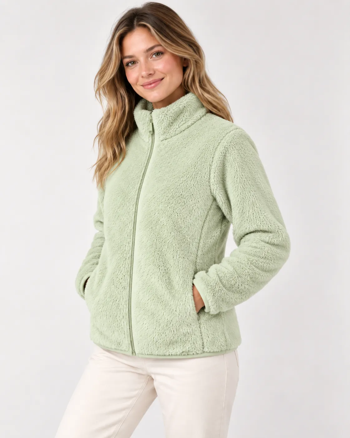 Women’s Green Fur Fleece Jacket – Regular Fit High Neck Zip Winter Coat