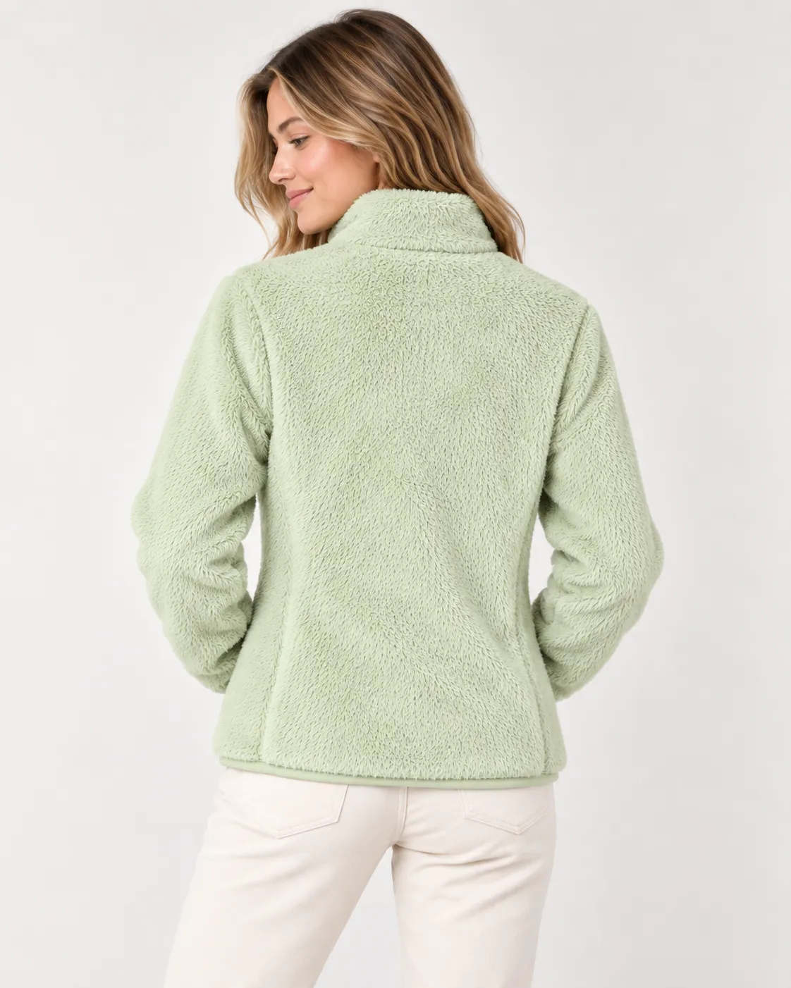 Women’s Green Fur Fleece Jacket – Regular Fit High Neck Zip Winter Coat