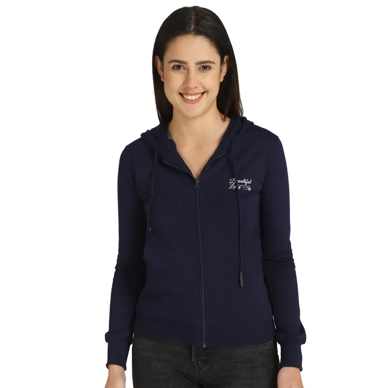 Women’s Hooded Fleece Jacket – Front Zip Full Sleeves Printed Winter Wear