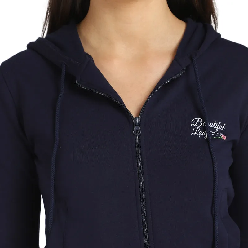 Women’s Hooded Fleece Jacket – Front Zip Full Sleeves Printed Winter Wear
