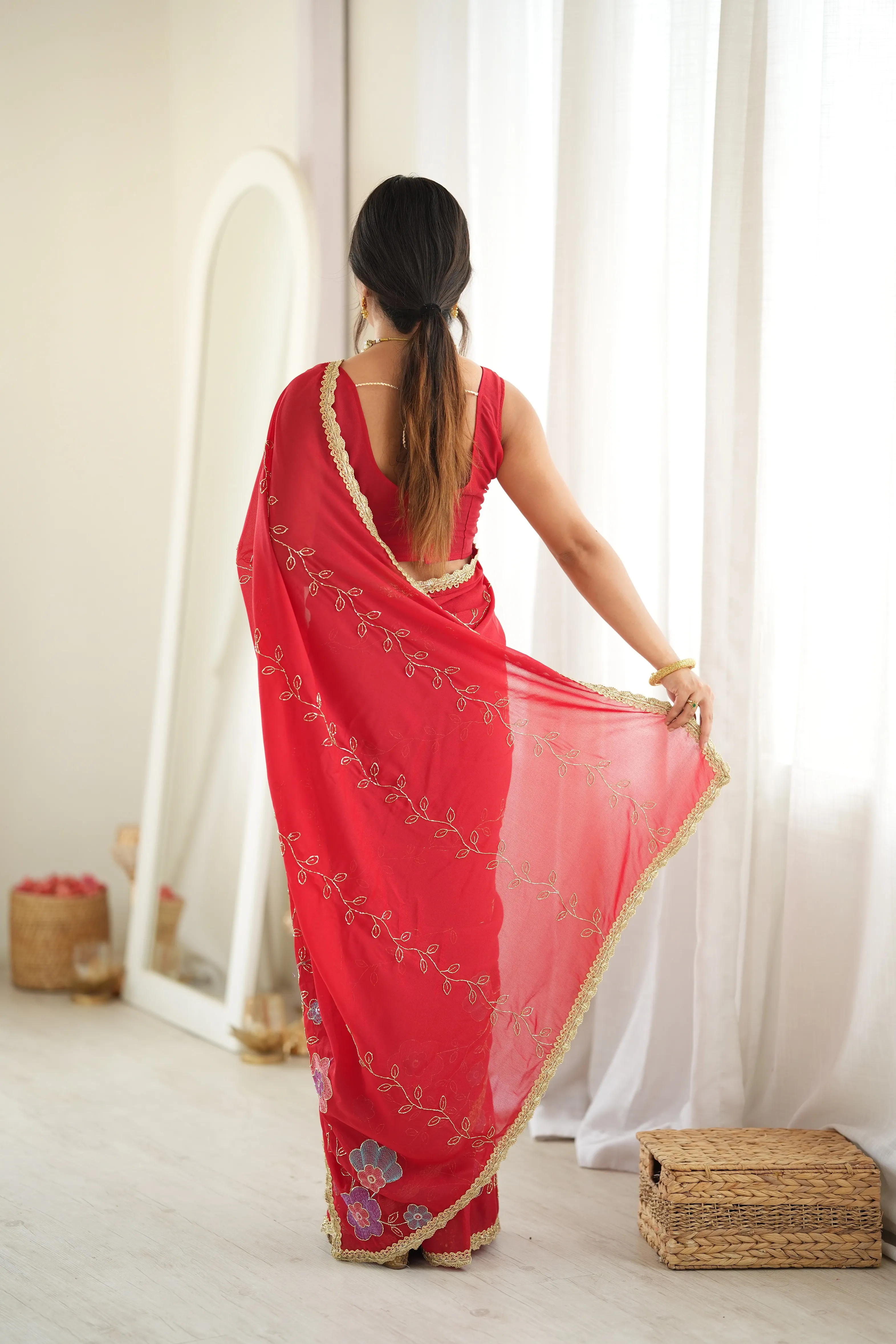 Panjari Coral Floral Georgette Saree with Golden Vine Embroidery