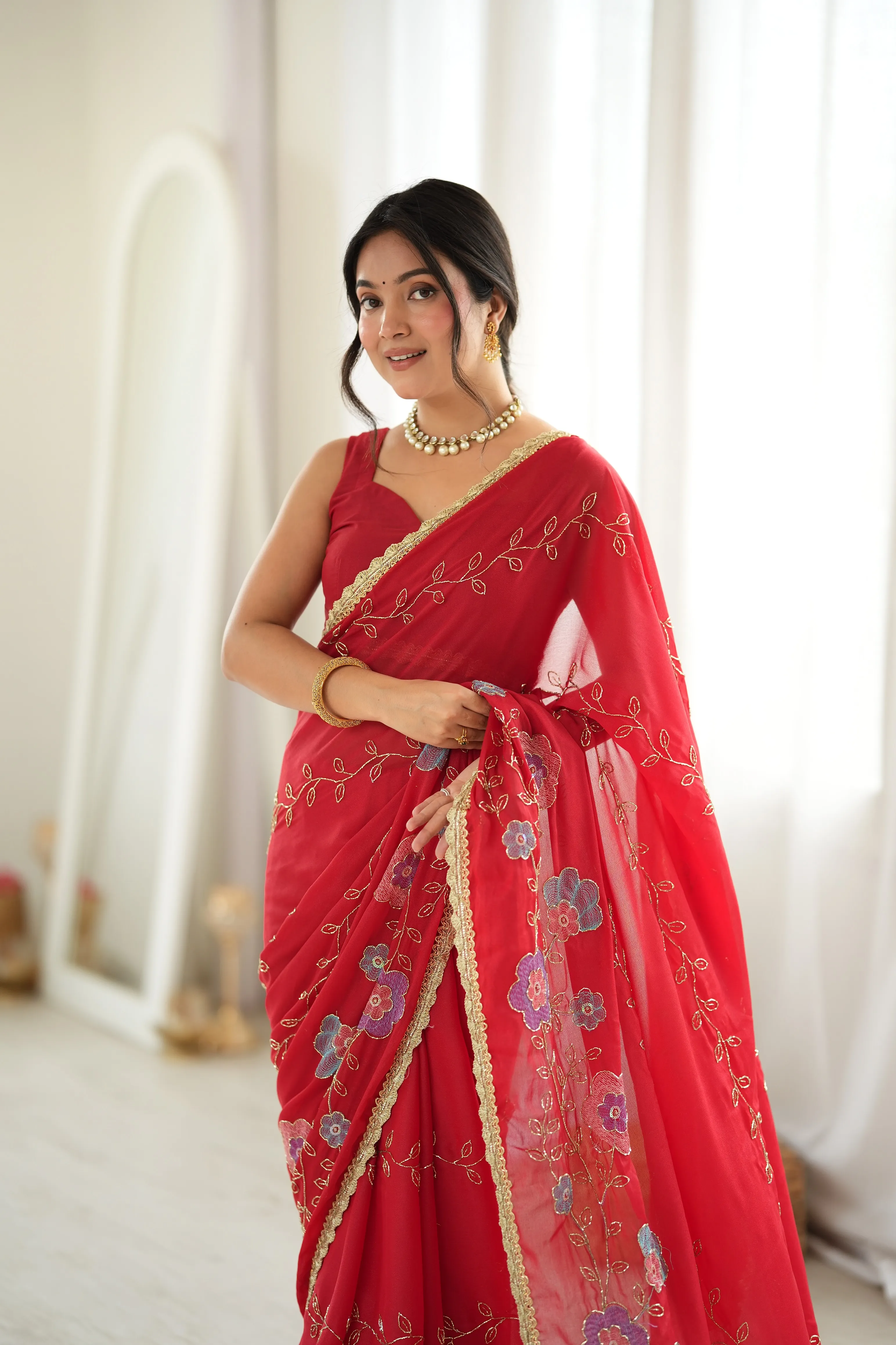 Panjari Coral Floral Georgette Saree with Golden Vine Embroidery