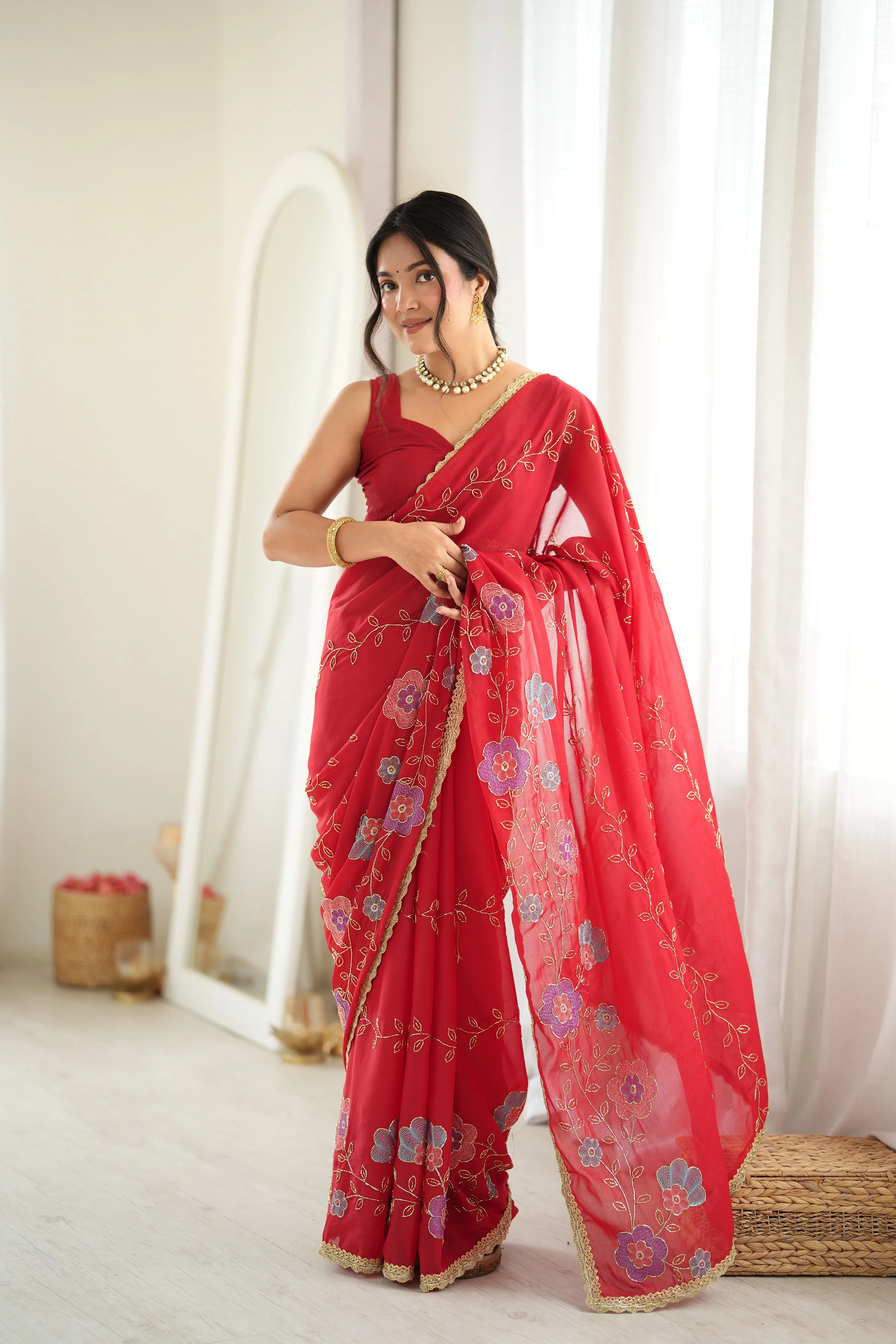 Panjari Coral Floral Georgette Saree with Golden Vine Embroidery
