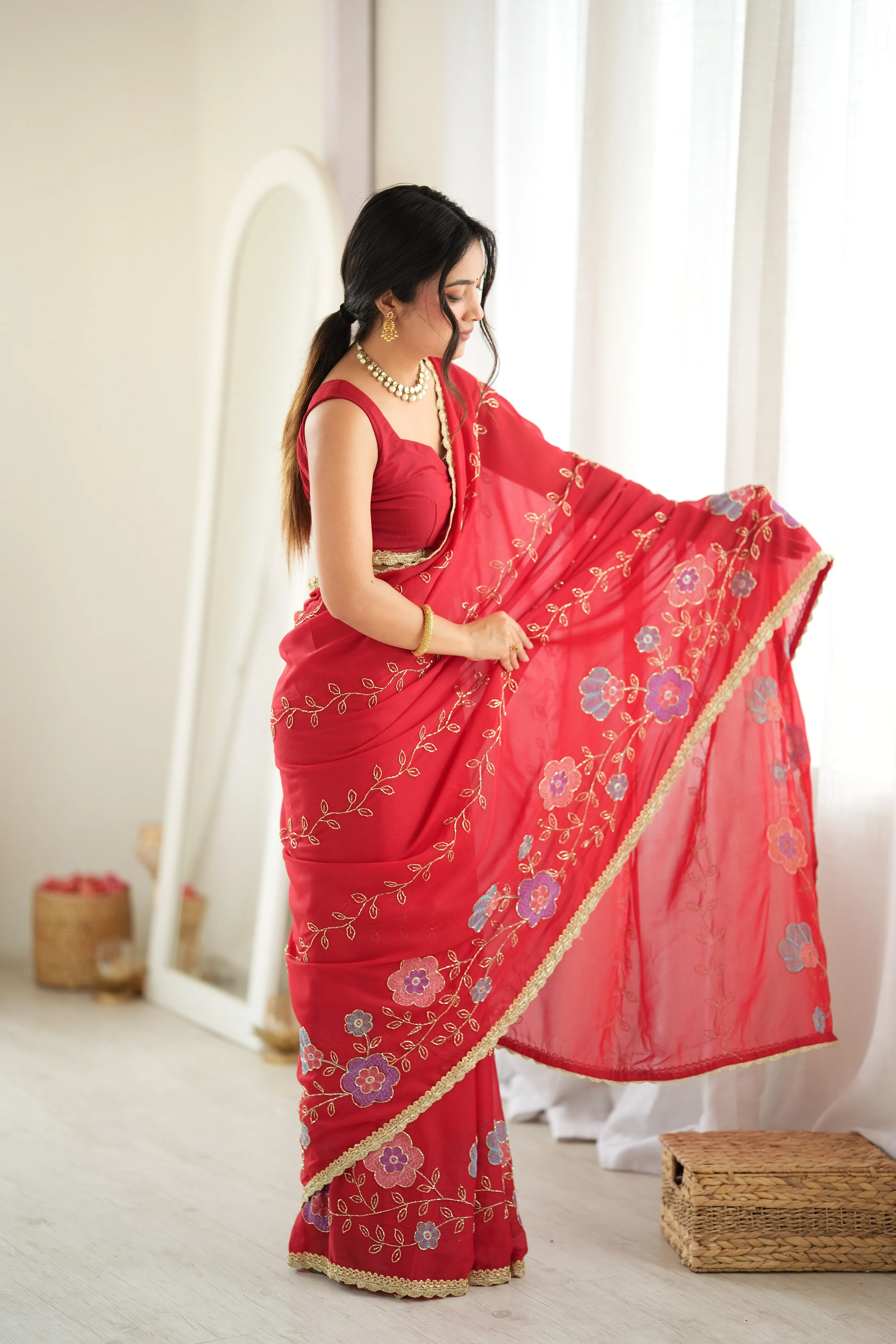 Panjari Coral Floral Georgette Saree with Golden Vine Embroidery