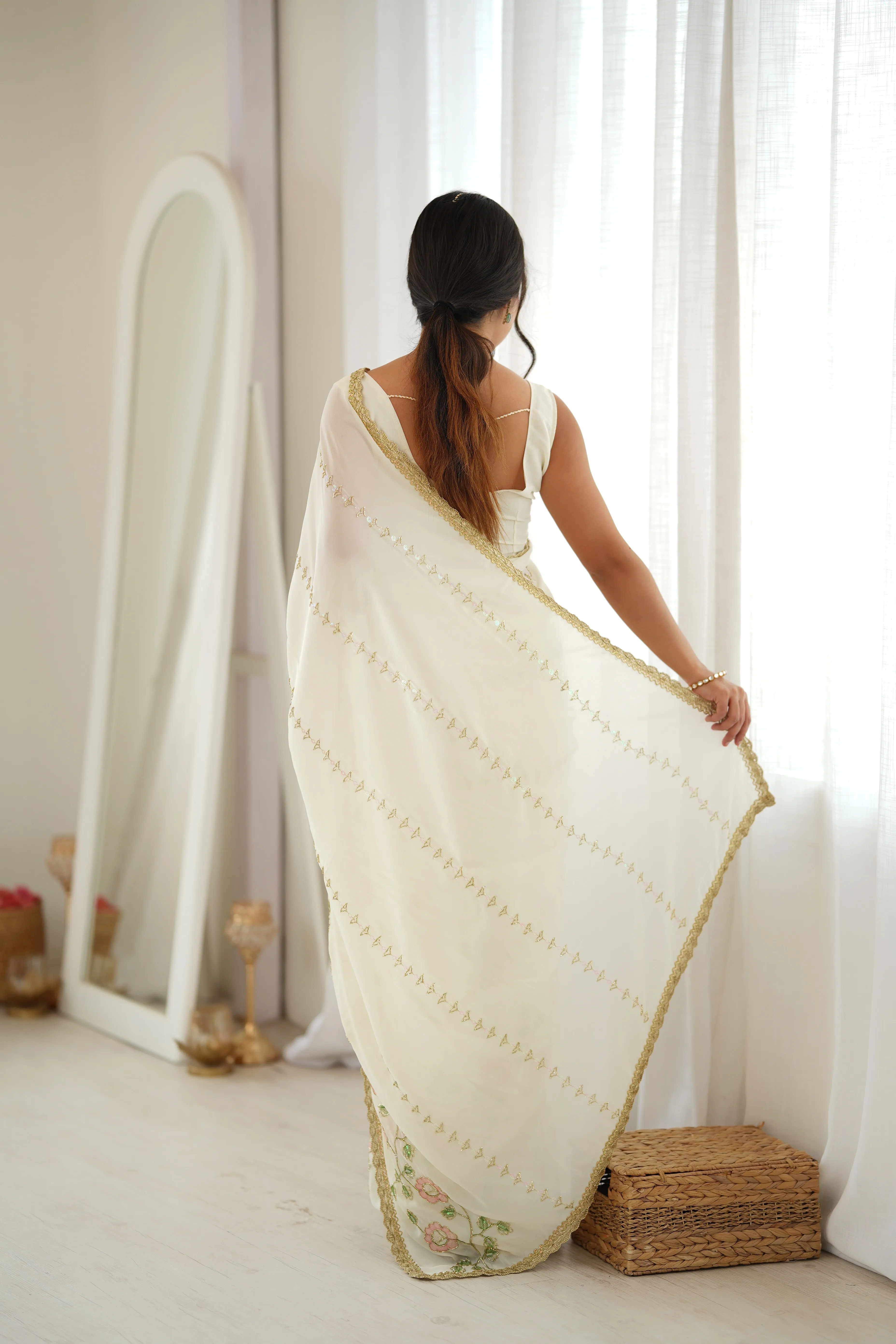 Panjari Ivory Floral Embroidered Georgette Saree with Gold Trim