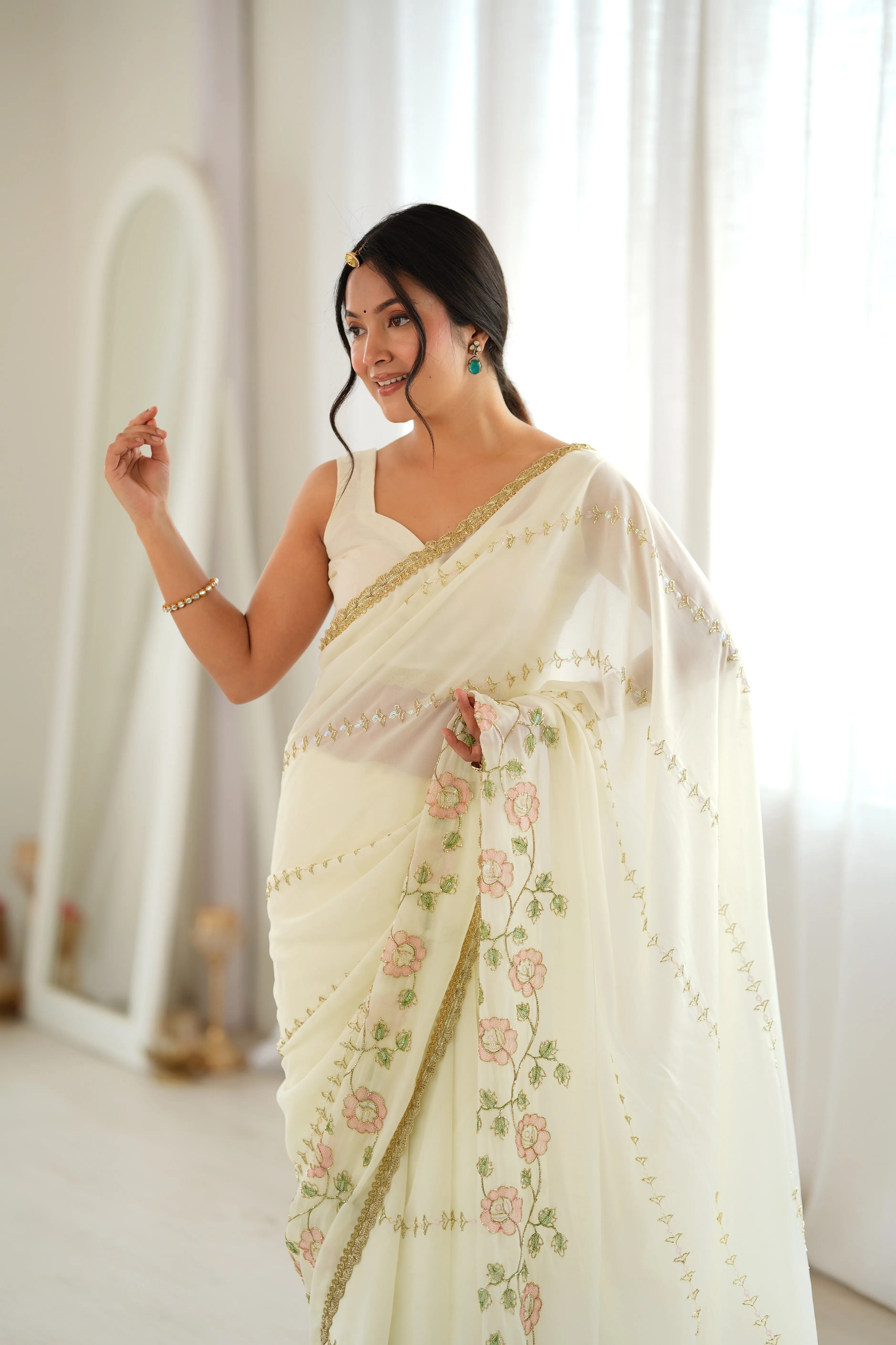 Panjari Ivory Floral Embroidered Georgette Saree with Gold Trim