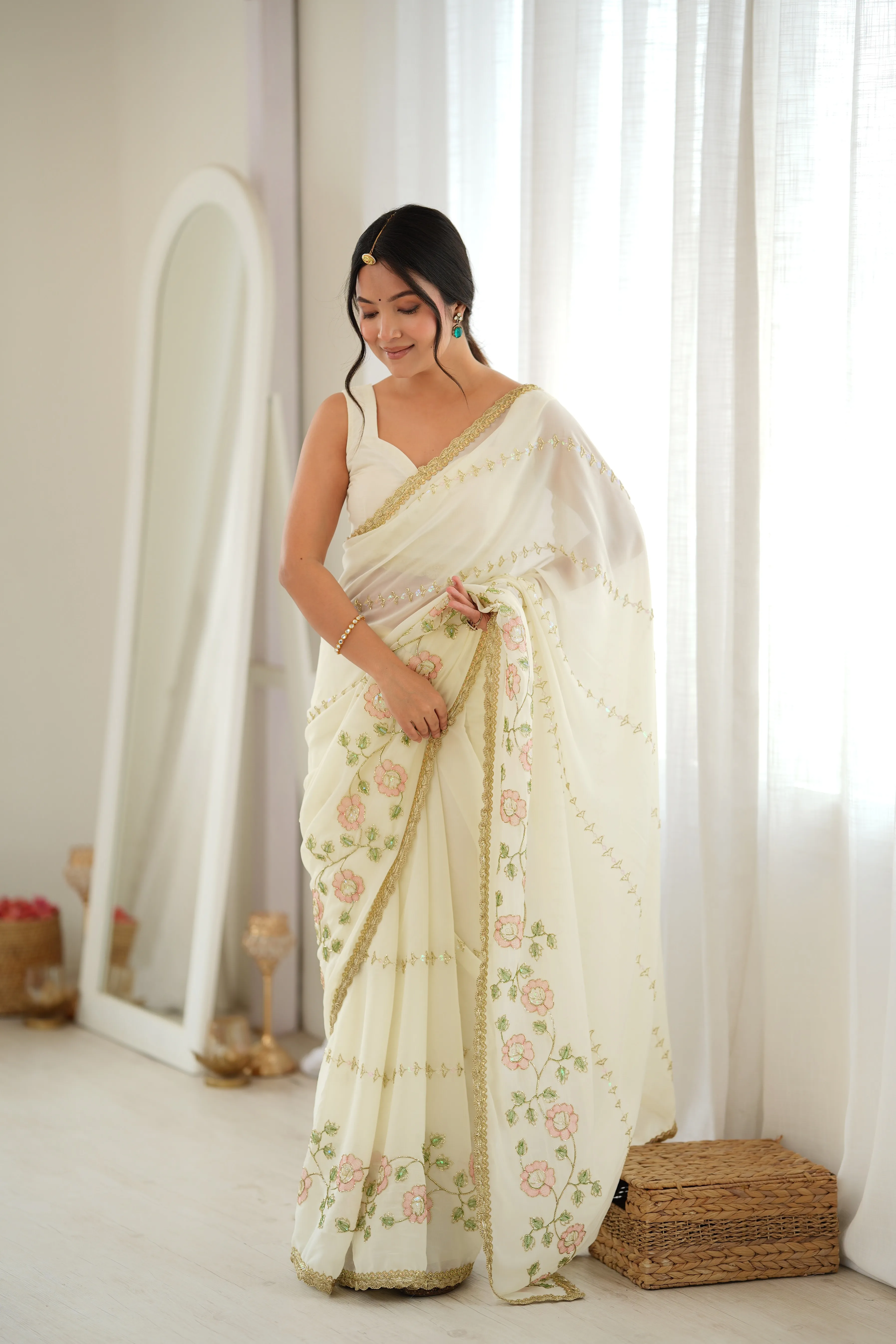 Panjari Ivory Floral Embroidered Georgette Saree with Gold Trim