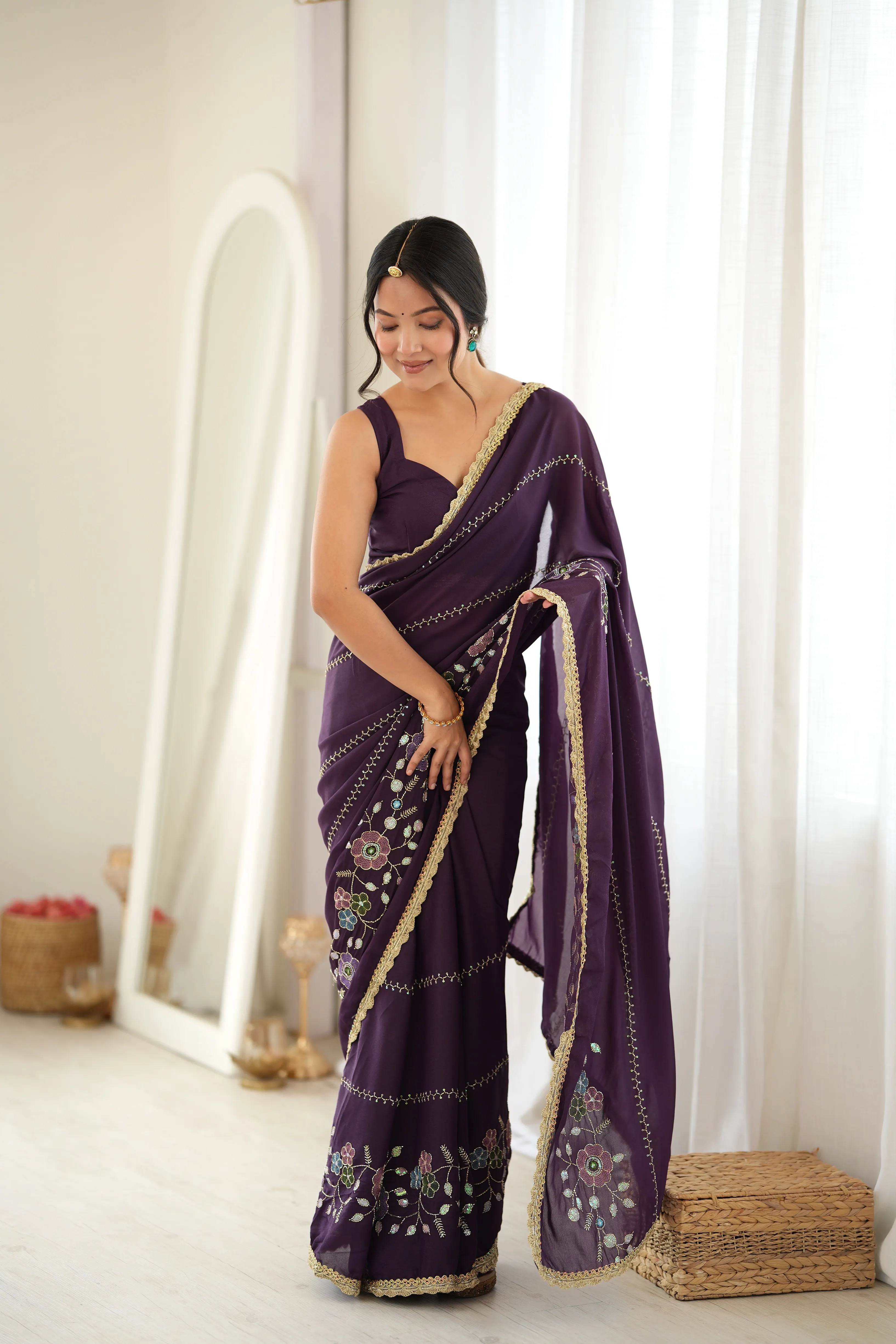 Panjari Deep Plum Purple Floral Embroidered Georgette Saree with Golden Lace Trim
