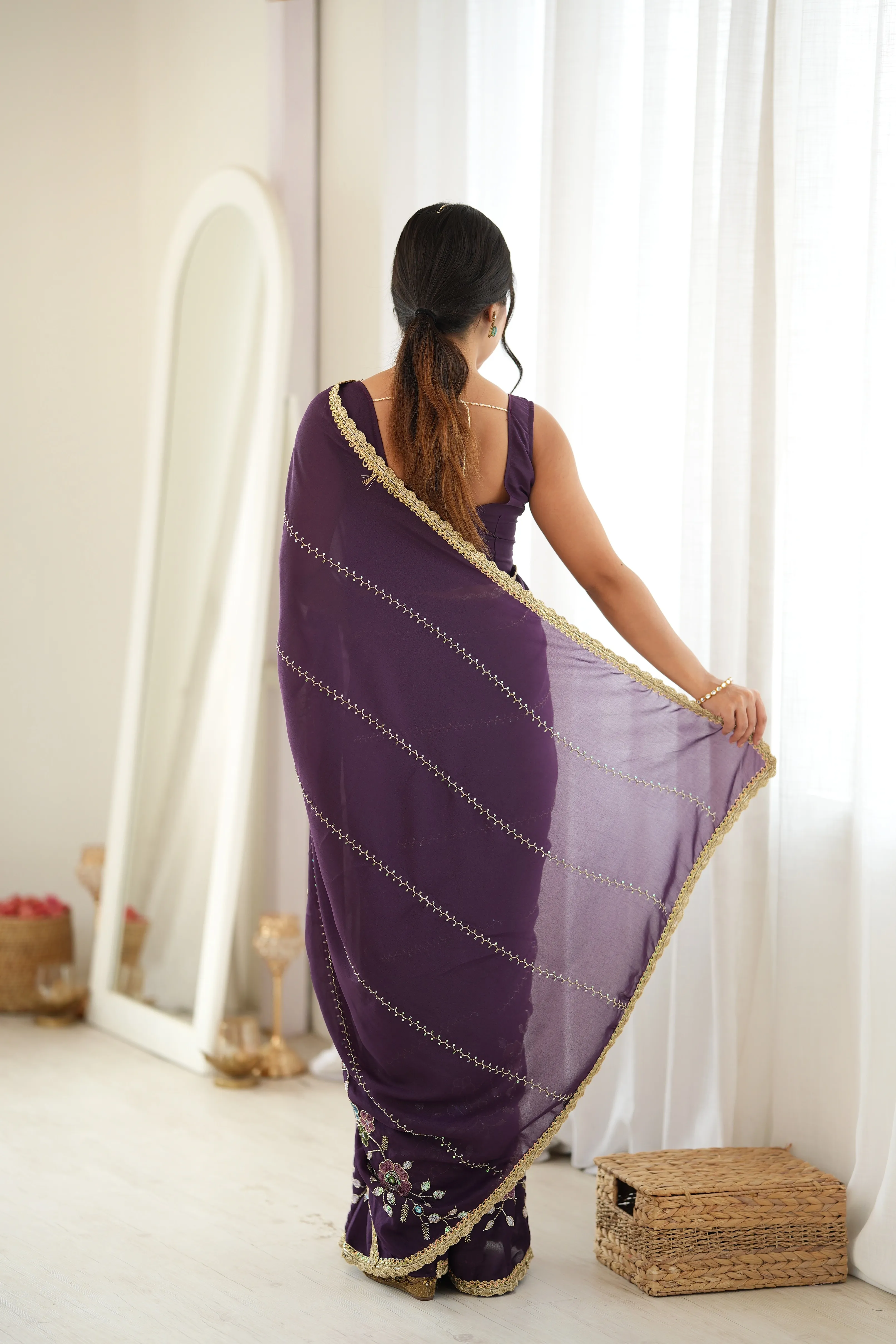 Panjari Deep Plum Purple Floral Embroidered Georgette Saree with Golden Lace Trim