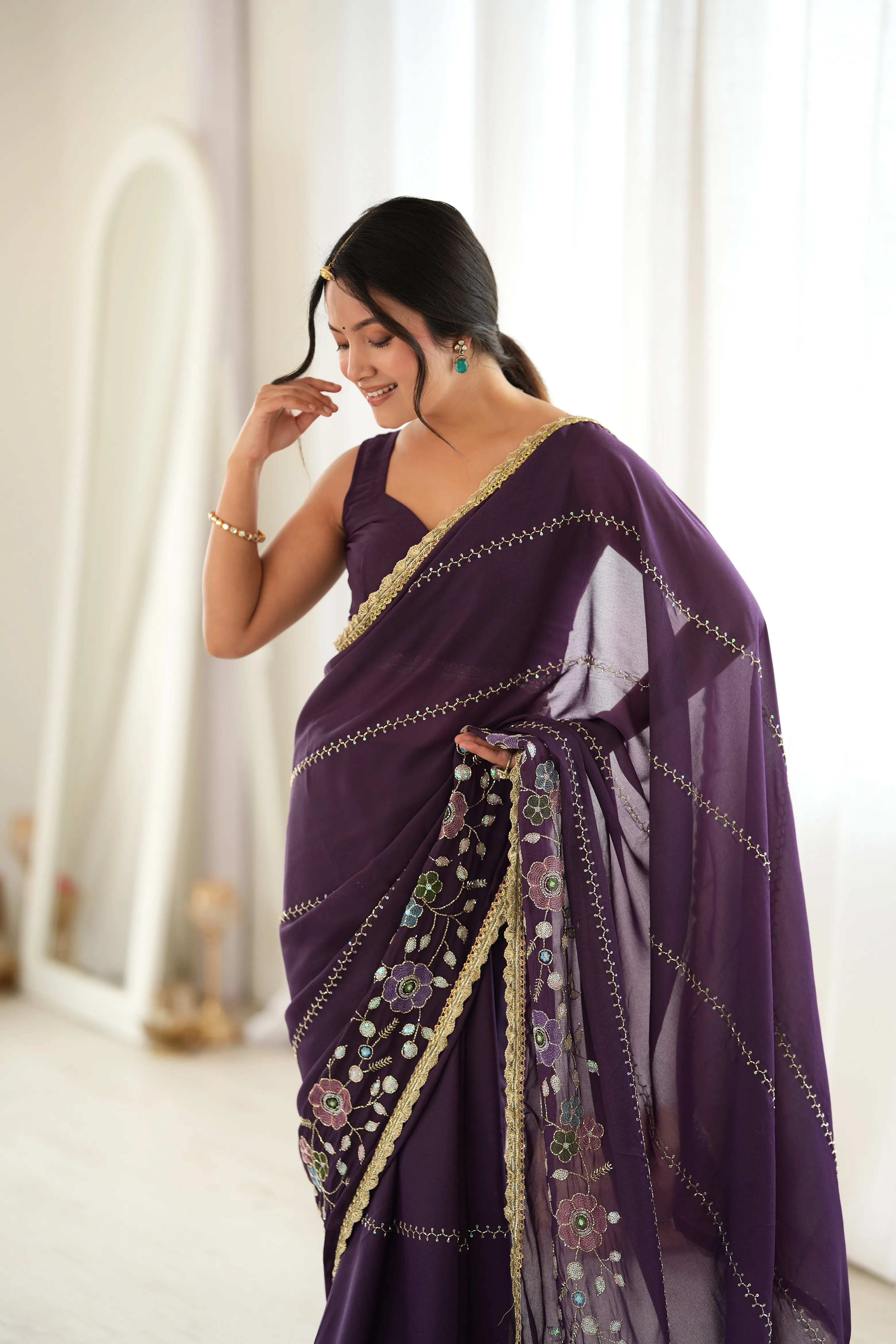 Panjari Deep Plum Purple Floral Embroidered Georgette Saree with Golden Lace Trim