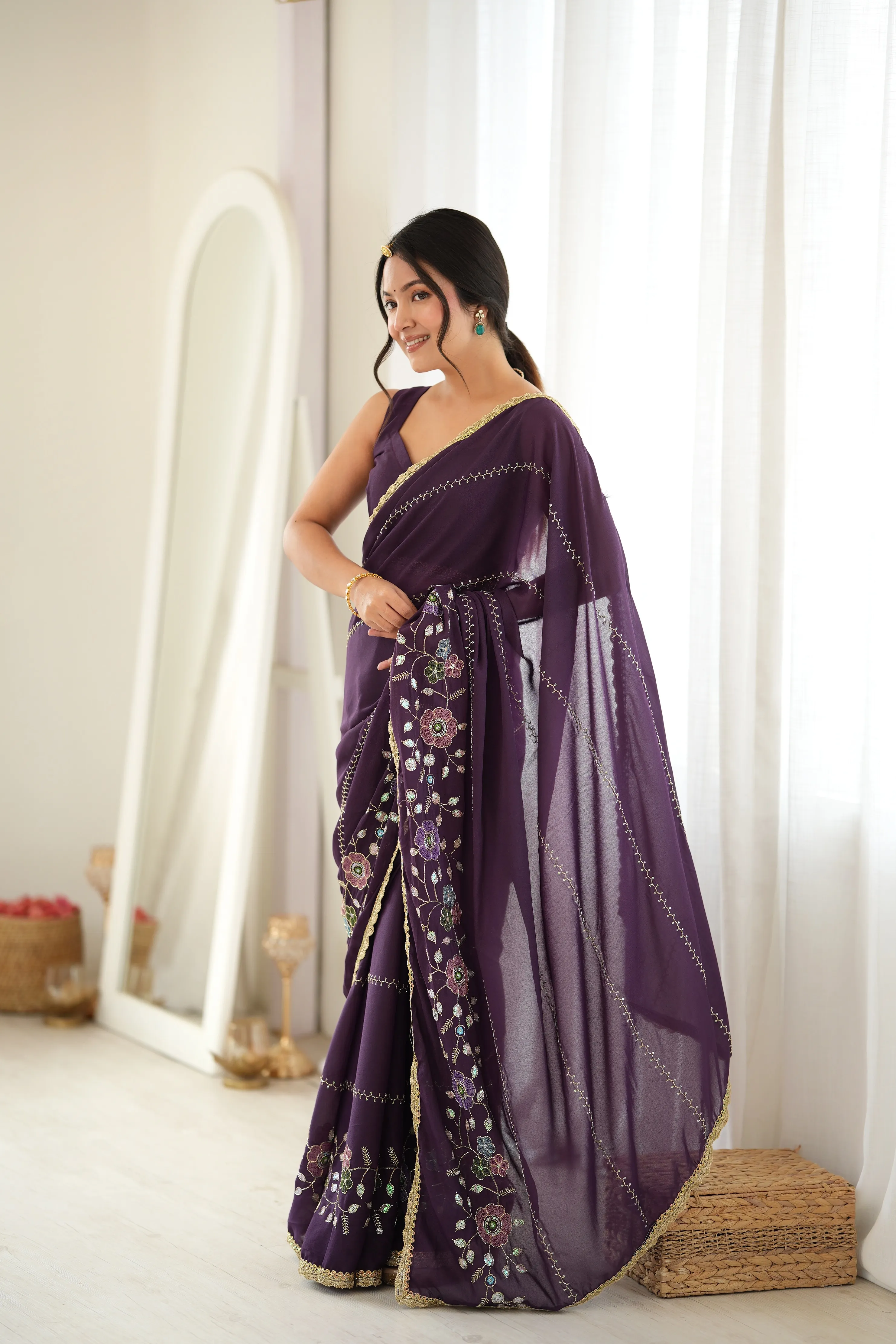 Panjari Deep Plum Purple Floral Embroidered Georgette Saree with Golden Lace Trim