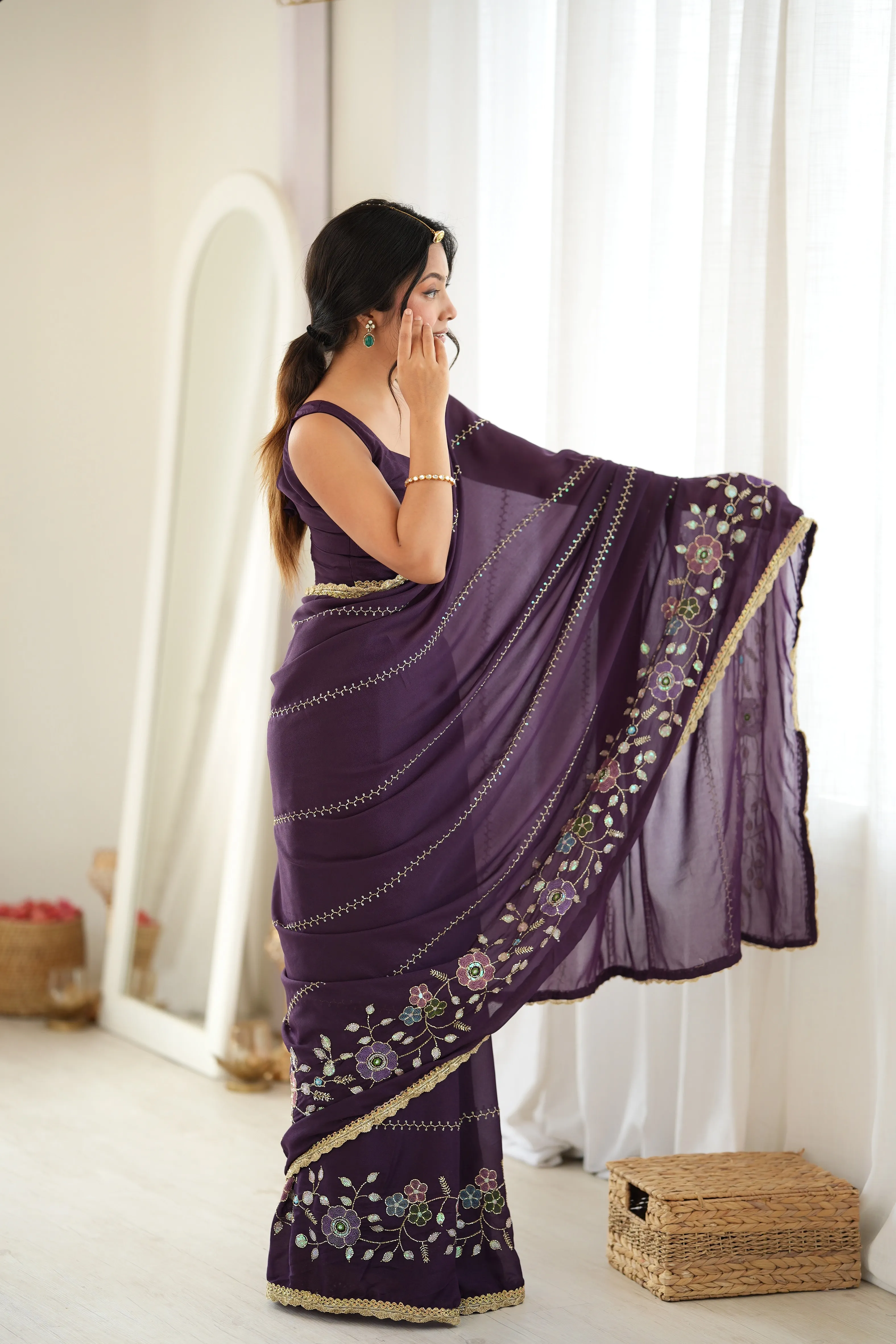 Panjari Deep Plum Purple Floral Embroidered Georgette Saree with Golden Lace Trim