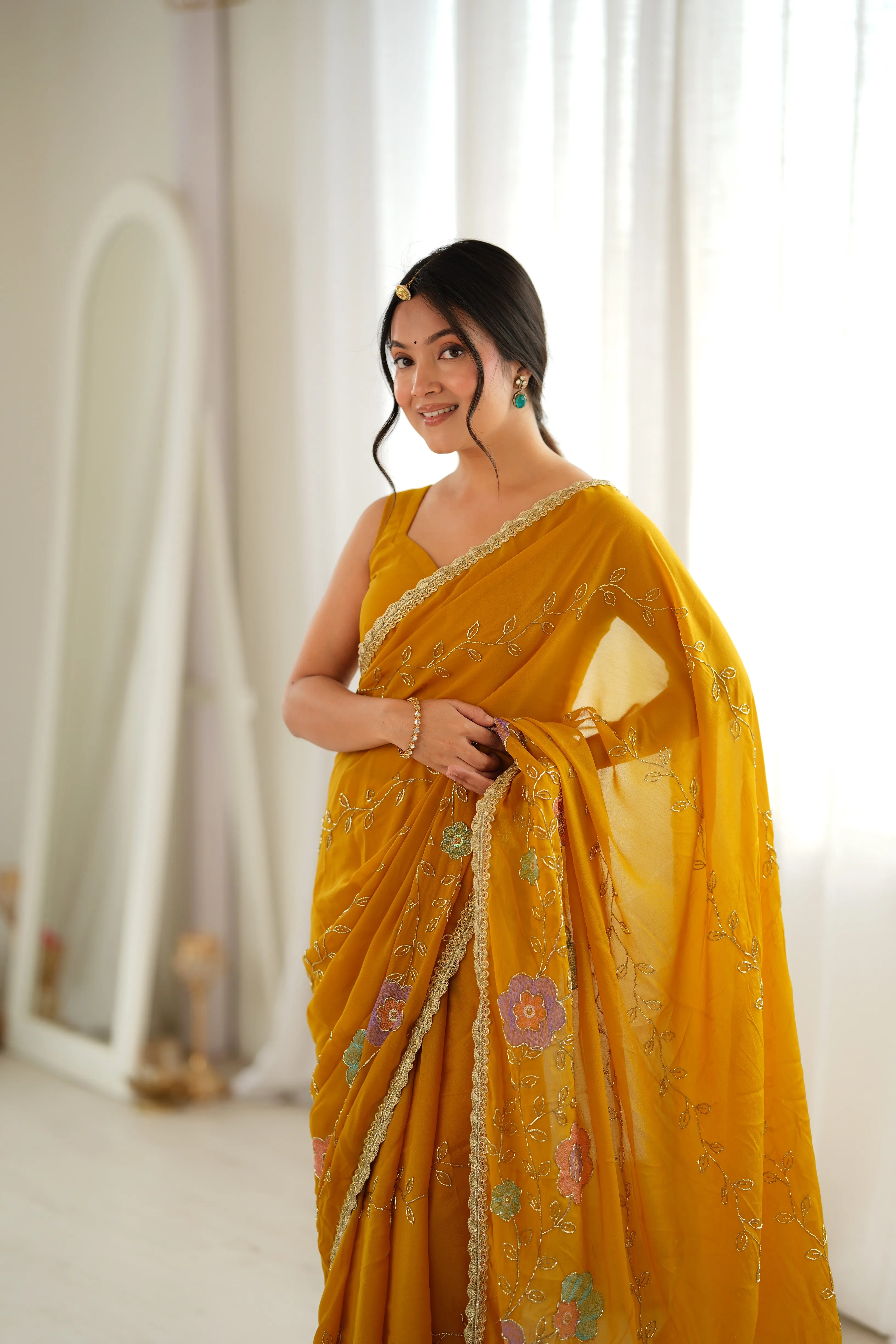 Panjari Mustard Yellow Floral Embroidered Georgette Saree with Delicate Pastel Threadwork