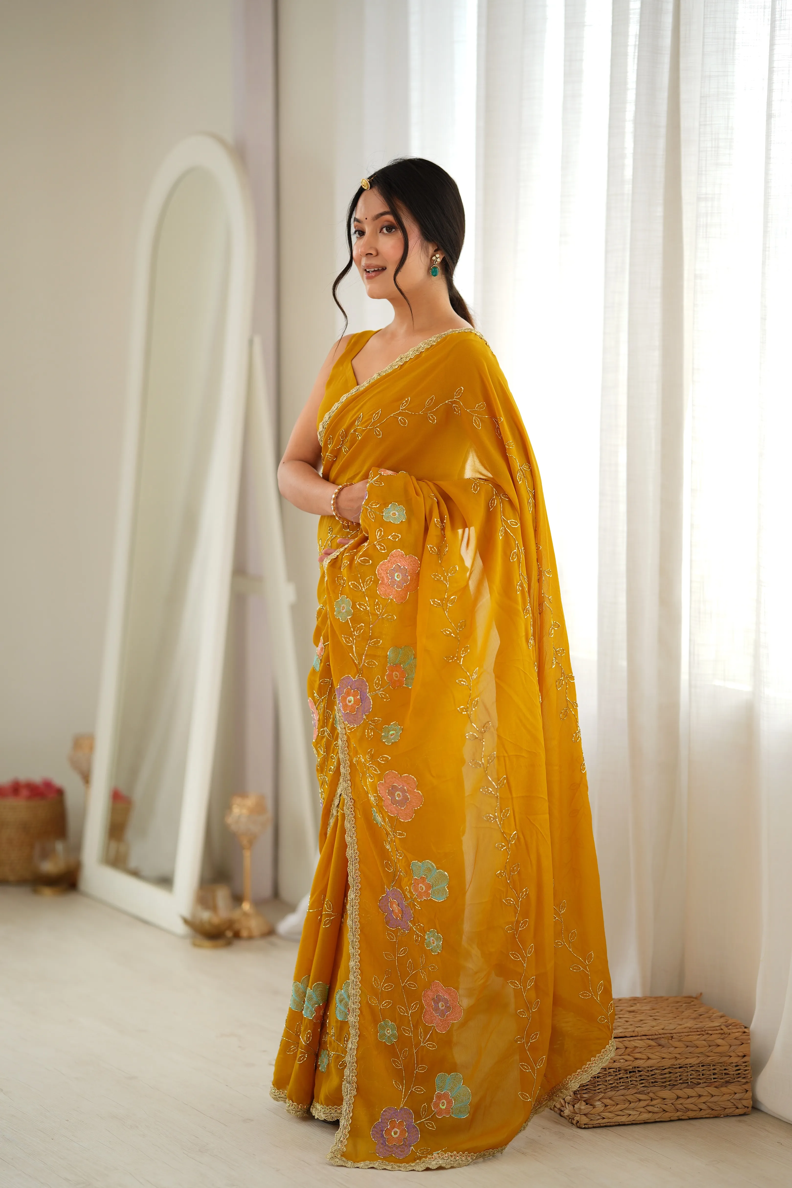 Panjari Mustard Yellow Floral Embroidered Georgette Saree with Delicate Pastel Threadwork