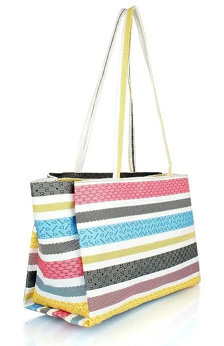 Tote Handbag – Women’s Multicolor Striped Spacious Canvas Shoulder Bag