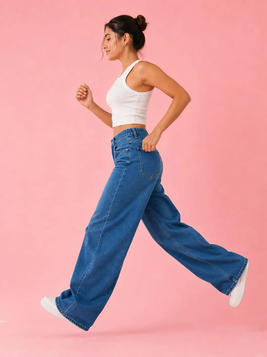 Wide Leg Jeans – Women’s High Waist Relaxed Medium Blue Denim Casual Trousers