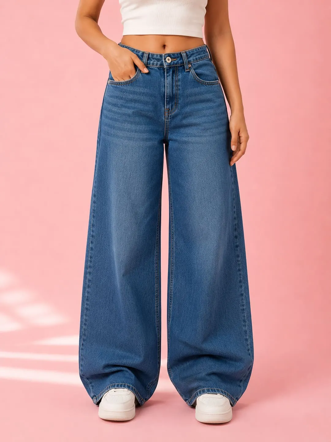 Wide Leg Jeans – Women’s High Waist Relaxed Medium Blue Denim Casual Trousers