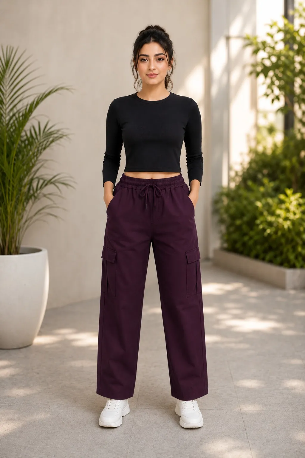 Cargo Pants – Women’s High Waist Relaxed Utility Trousers with Side Pockets & Drawstring