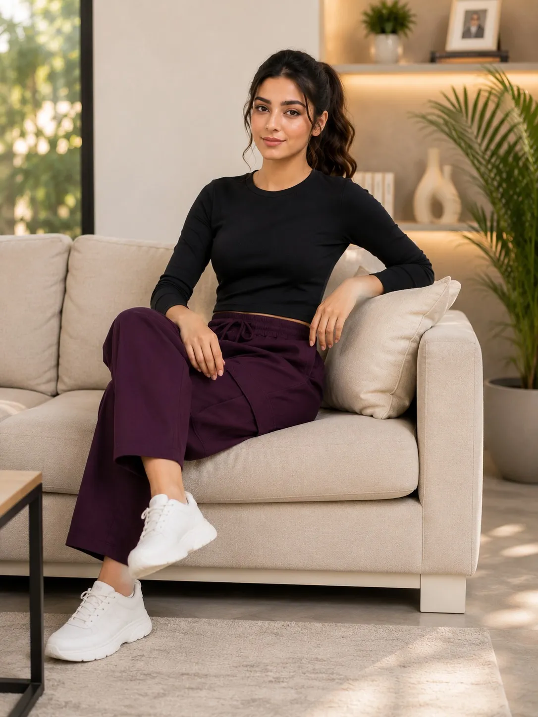 Cargo Pants – Women’s High Waist Relaxed Utility Trousers with Side Pockets & Drawstring