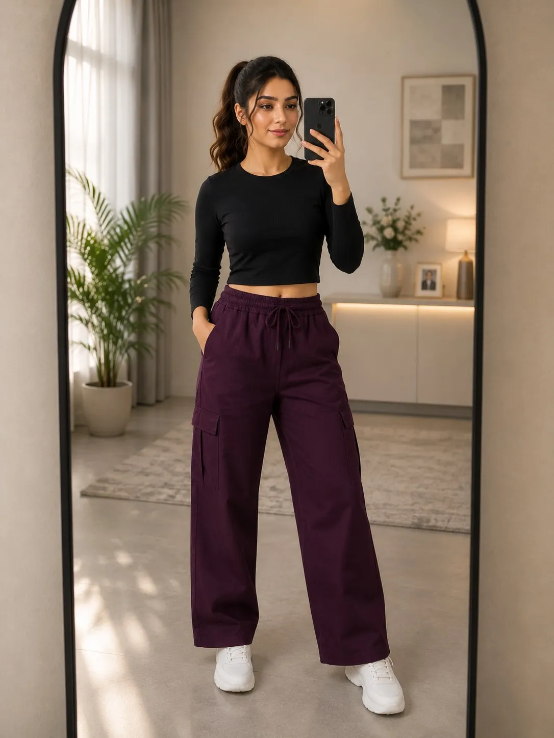Cargo Pants – Women’s High Waist Relaxed Utility Trousers with Side Pockets & Drawstring