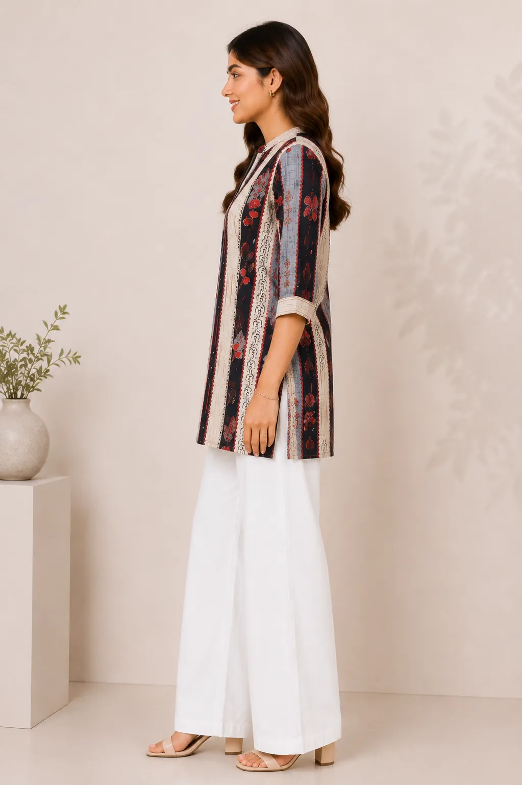 Kurtis – Women’s Floral Printed Mandarin Collar 3/4 Sleeve Straight Kurti for Casual & Office Wear