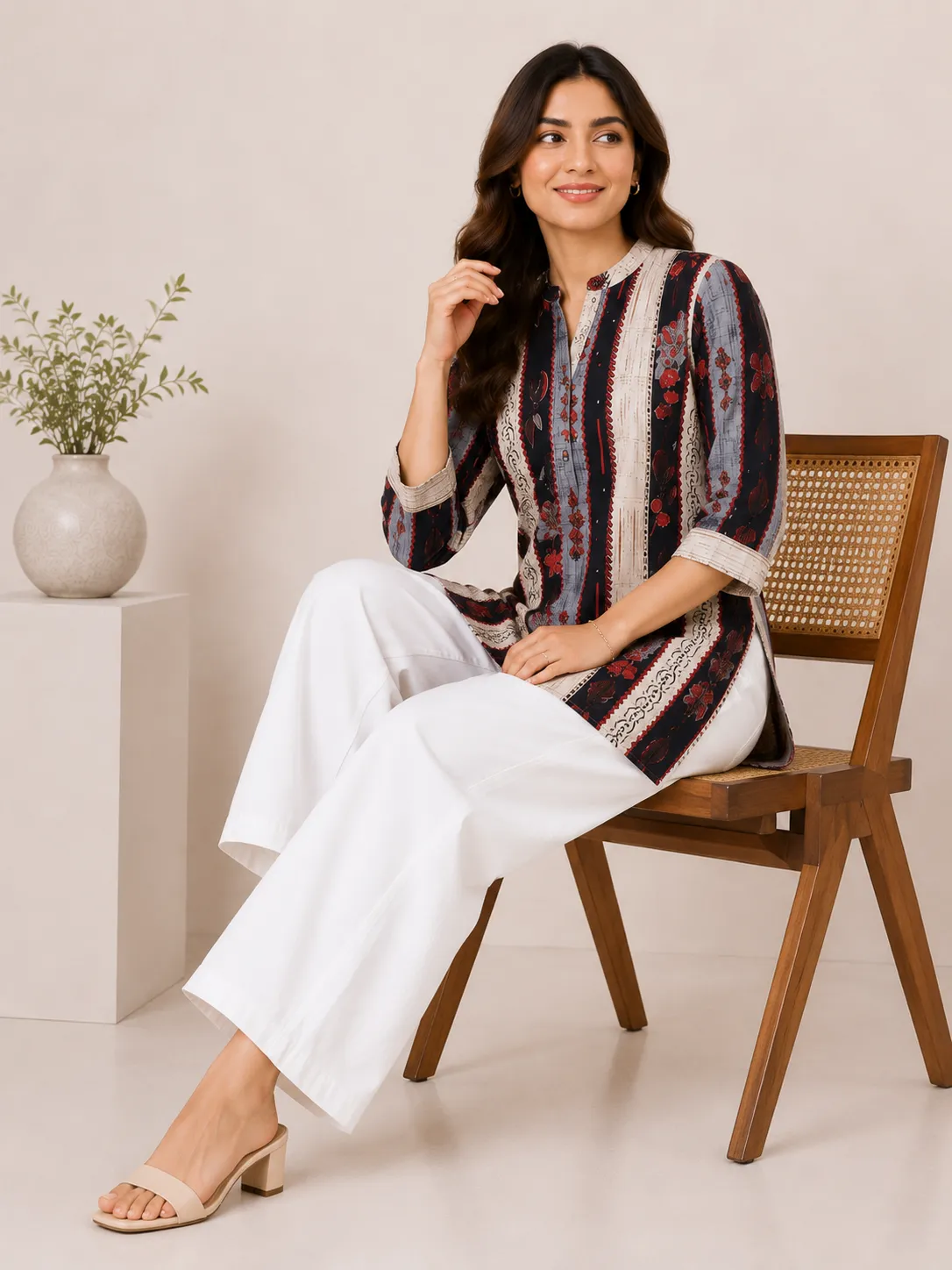 Kurtis – Women’s Floral Printed Mandarin Collar 3/4 Sleeve Straight Kurti for Casual & Office Wear