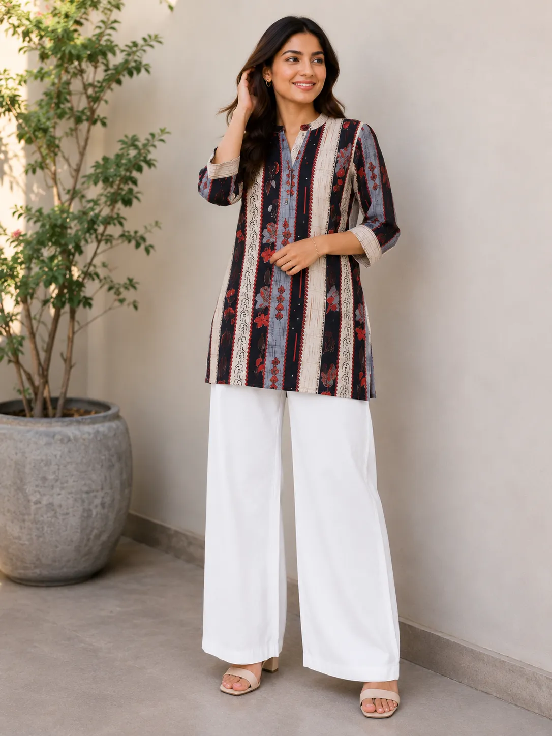 Kurtis – Women’s Floral Printed Mandarin Collar 3/4 Sleeve Straight Kurti for Casual & Office Wear