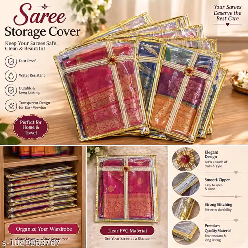 Saree Covers – Pack of 10 Golden Premium PVC Zip Bags for Saree Storage & Packing