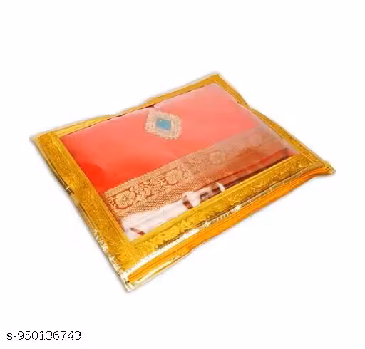 Saree Covers – Pack of 10 Golden Border Printed PVC Storage Bags with Secure Zipper
