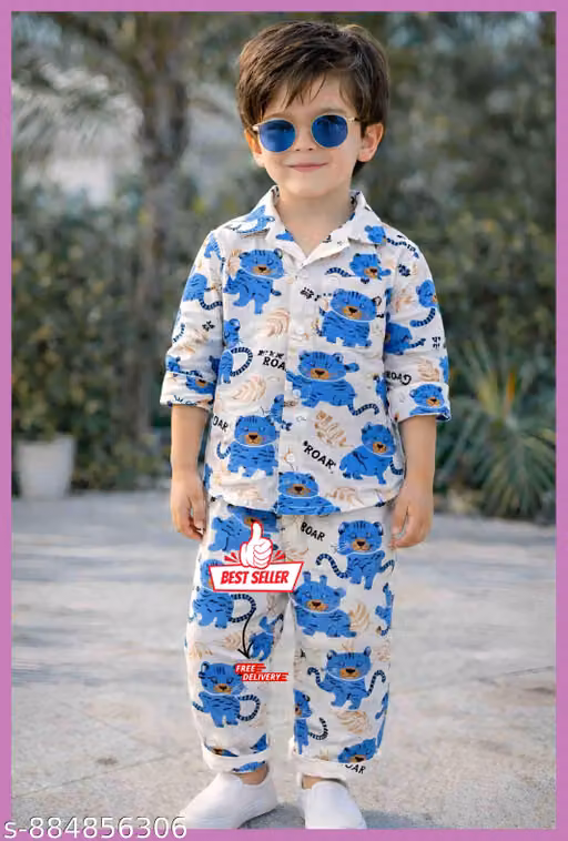 Kids Cotton Cartoon Tiger Printed Shirt & Pajama Night Suit Set