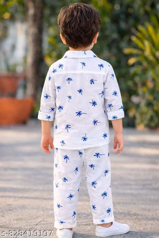 Boys Cotton Palm Tree Printed Shirt & Pajama Set