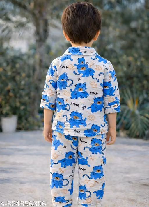 Kids Cotton Cartoon Tiger Printed Shirt & Pajama Night Suit Set