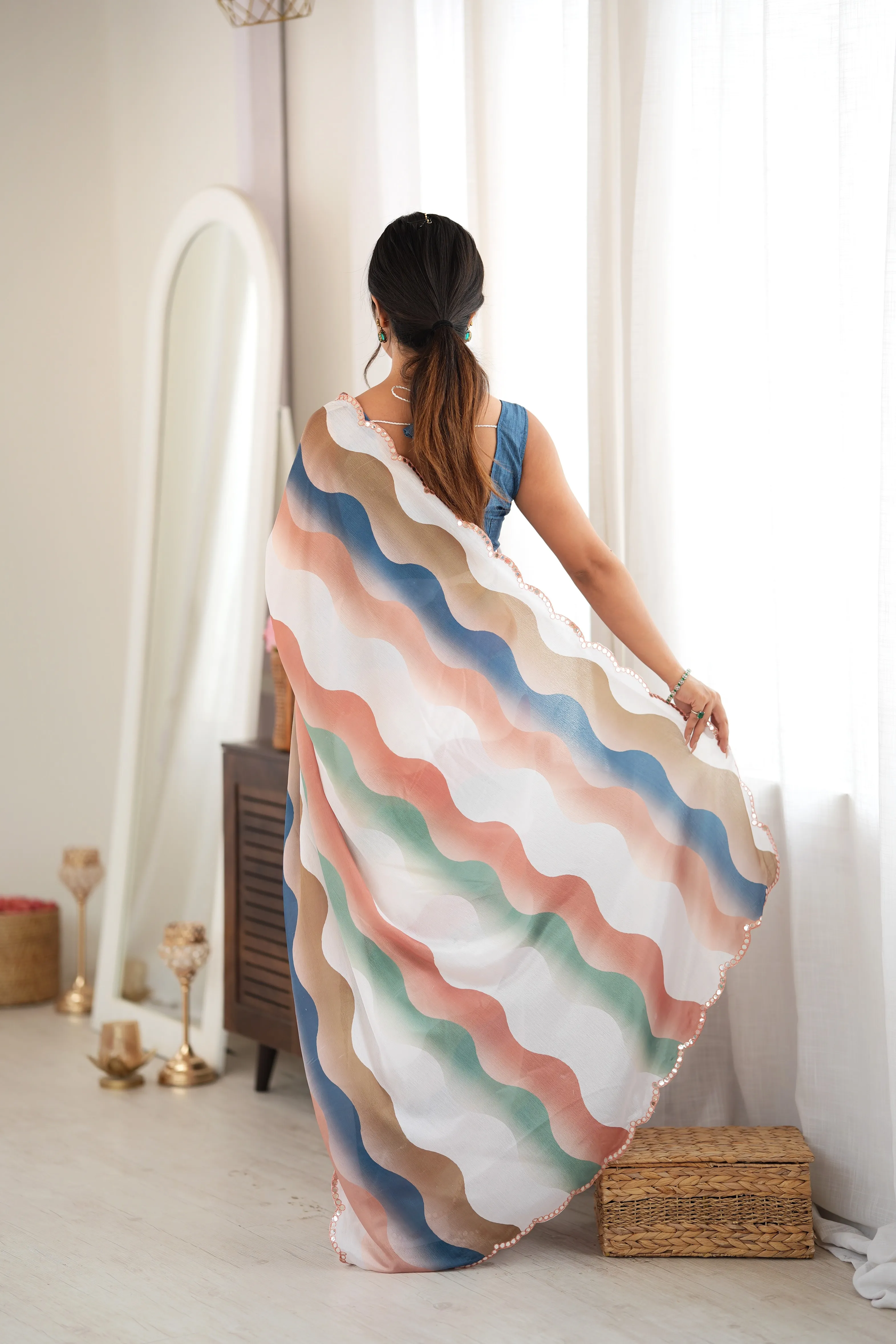 Panjari Denim Blue & Peach Wavy Stripes Chinon Saree with Scalloped Border