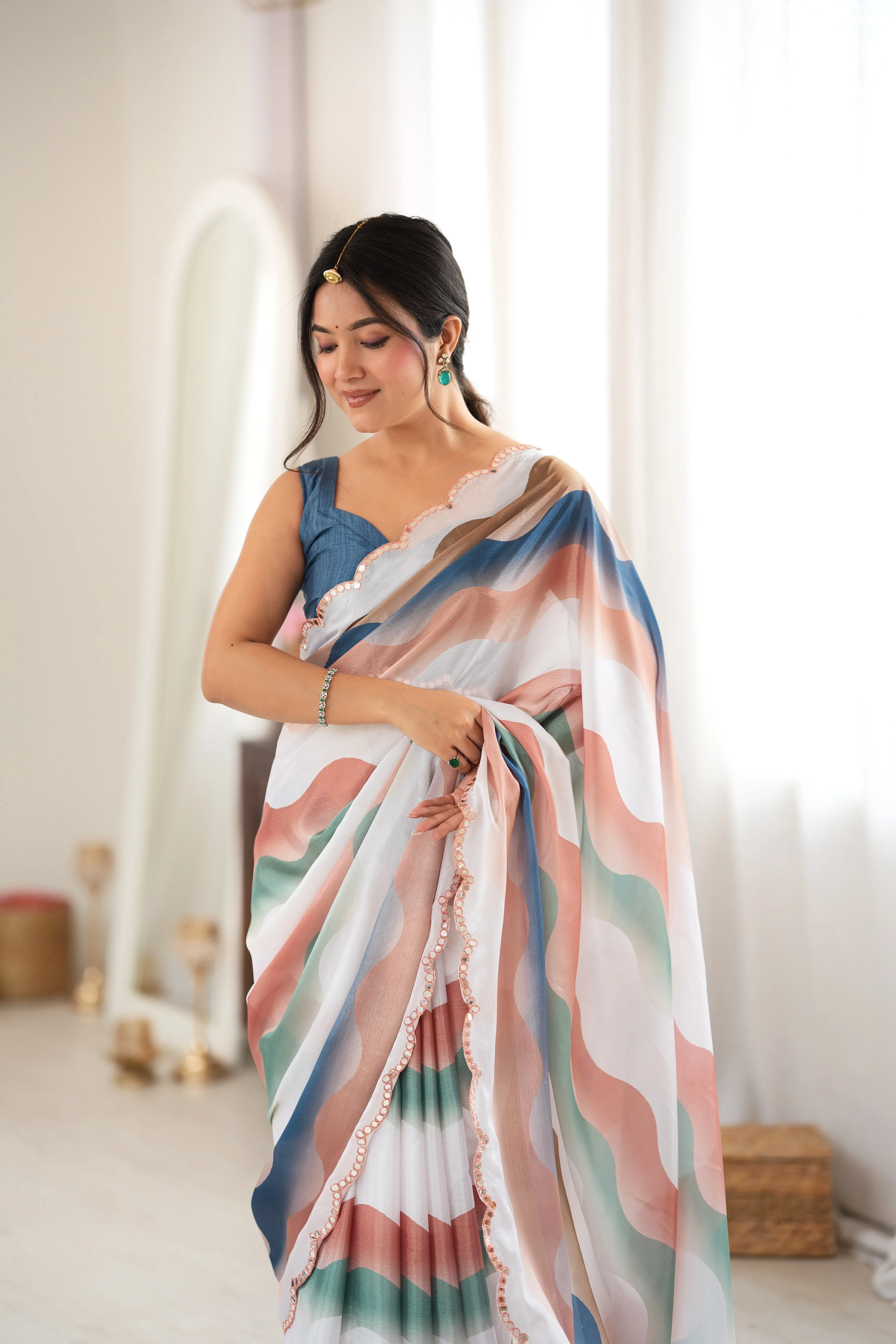 Panjari Denim Blue & Peach Wavy Stripes Chinon Saree with Scalloped Border