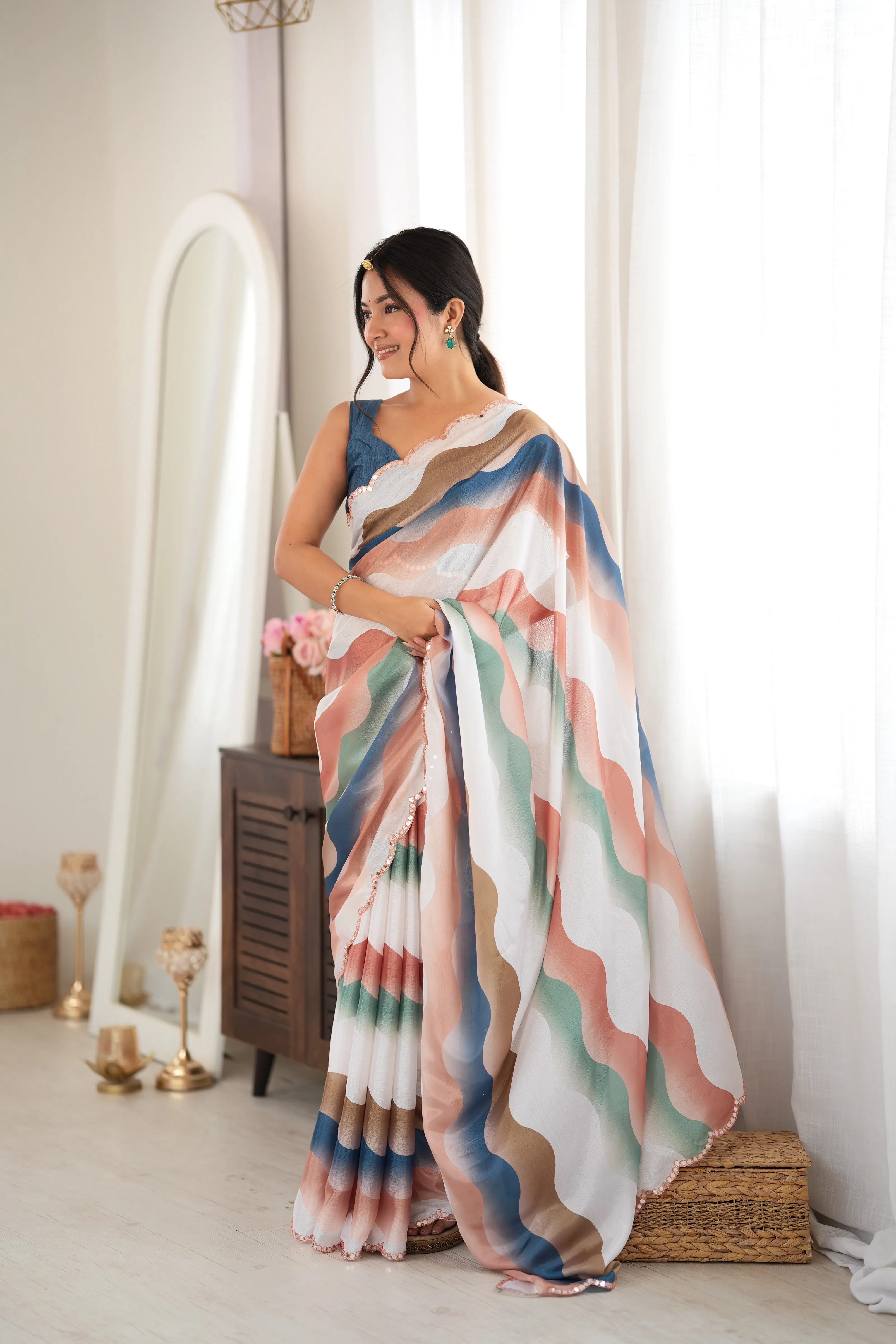 Panjari Denim Blue & Peach Wavy Stripes Chinon Saree with Scalloped Border