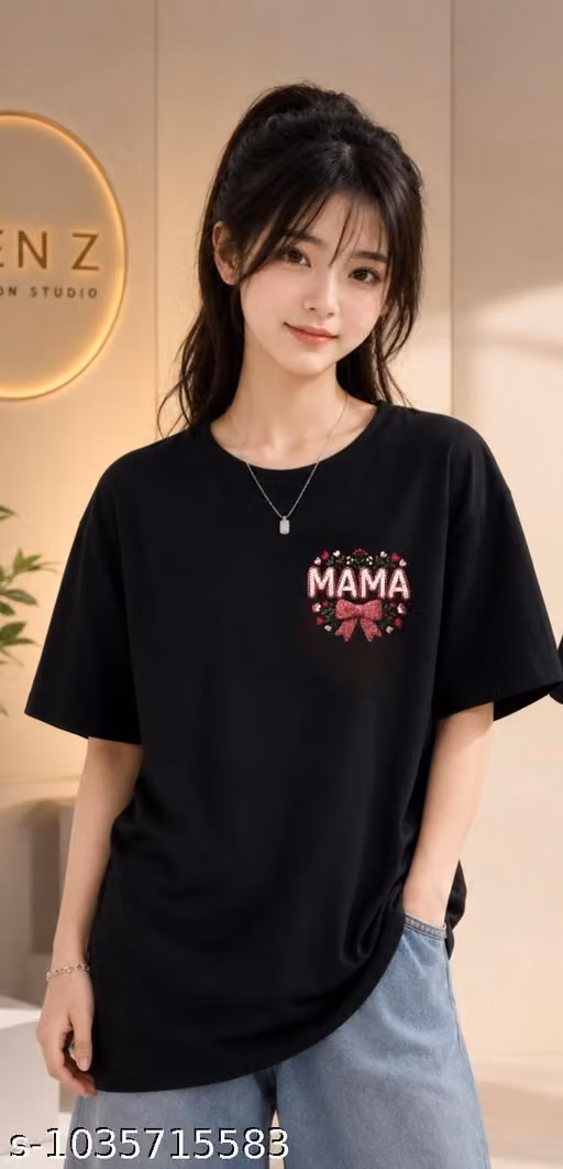 Women’s Mama Printed Black Cotton T-Shirt with Bow Back Design